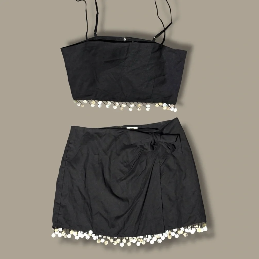 Jason Wu linen blend 2 piece tank skirt set coastal boho‎ festival beaded fringe